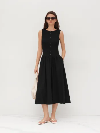 Boat Neck Button Up Ruffle Midi Dress