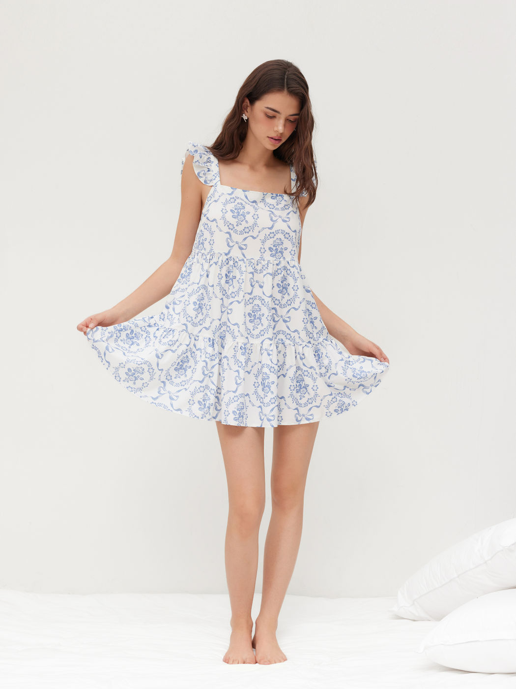 Square Neck Floral Lettuce Trim Mini Nightdress