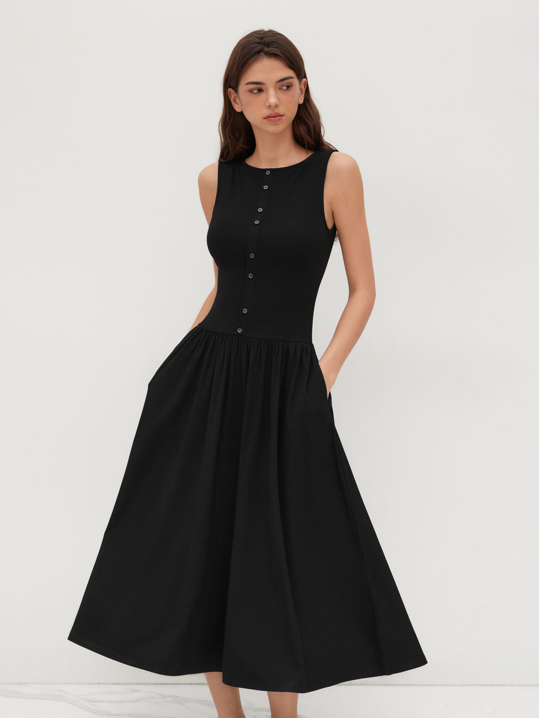 Boat Neck Button Up Ruffle Midi Dress
