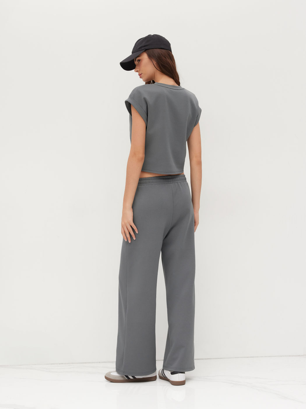 Cotton-blend Twist Roll-up Sleeve Top & Mid Rise Elastic Waist Straight Leg Trousers Set