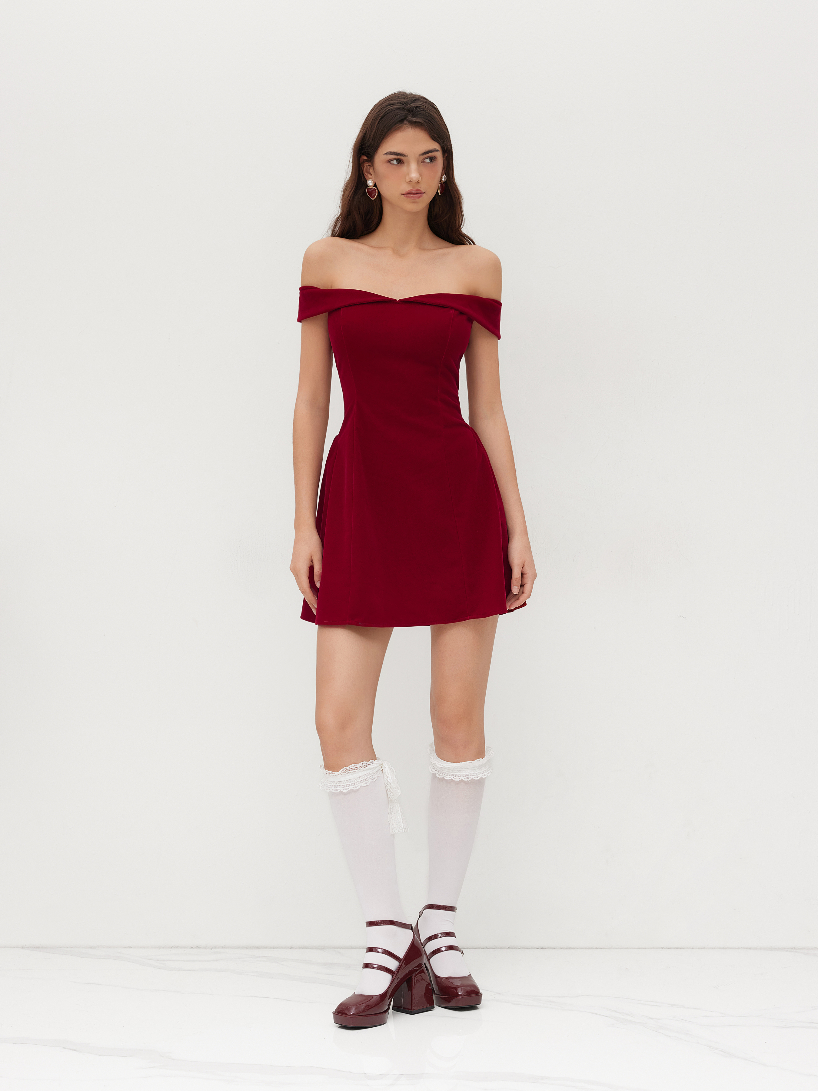 Christmas Velvet Velvet Off-shoulder Solid Zipper Mini Dress