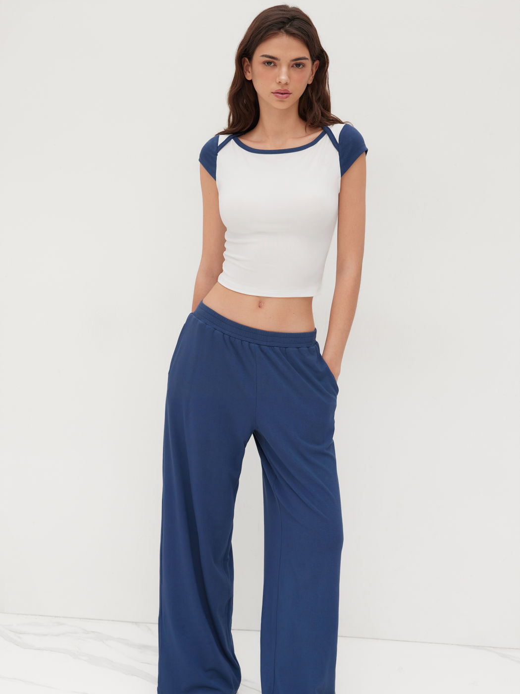 Boat Neck Two Tone Top & Low Rise Elastic Waist Straight Leg Trousers Set