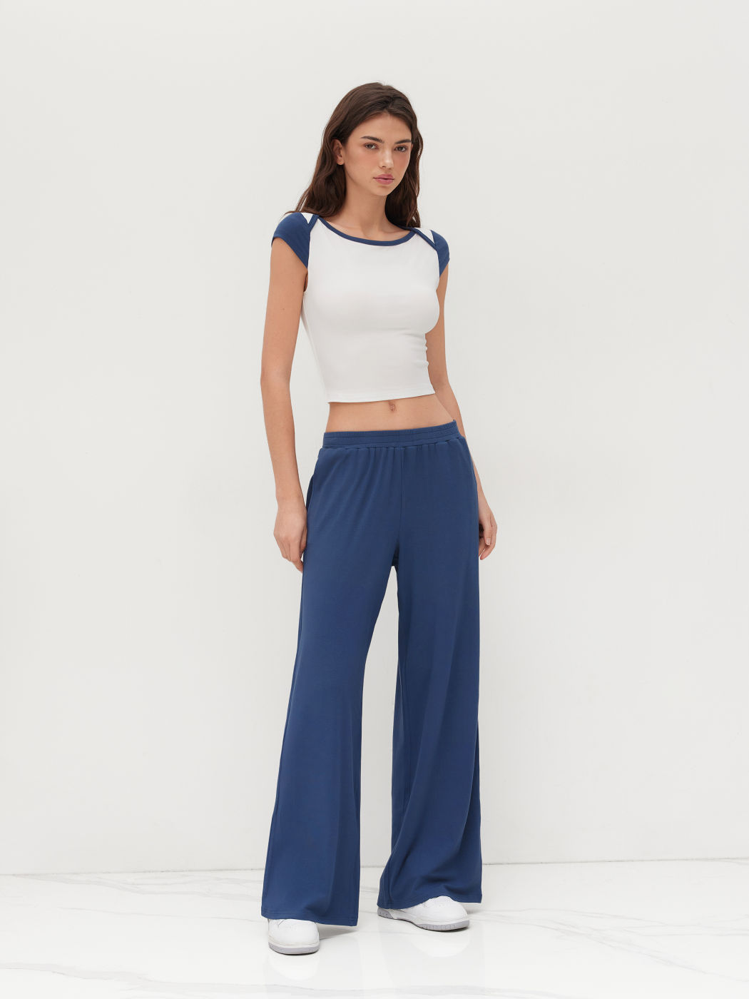 Boat Neck Two Tone Top & Low Rise Elastic Waist Straight Leg Trousers Set