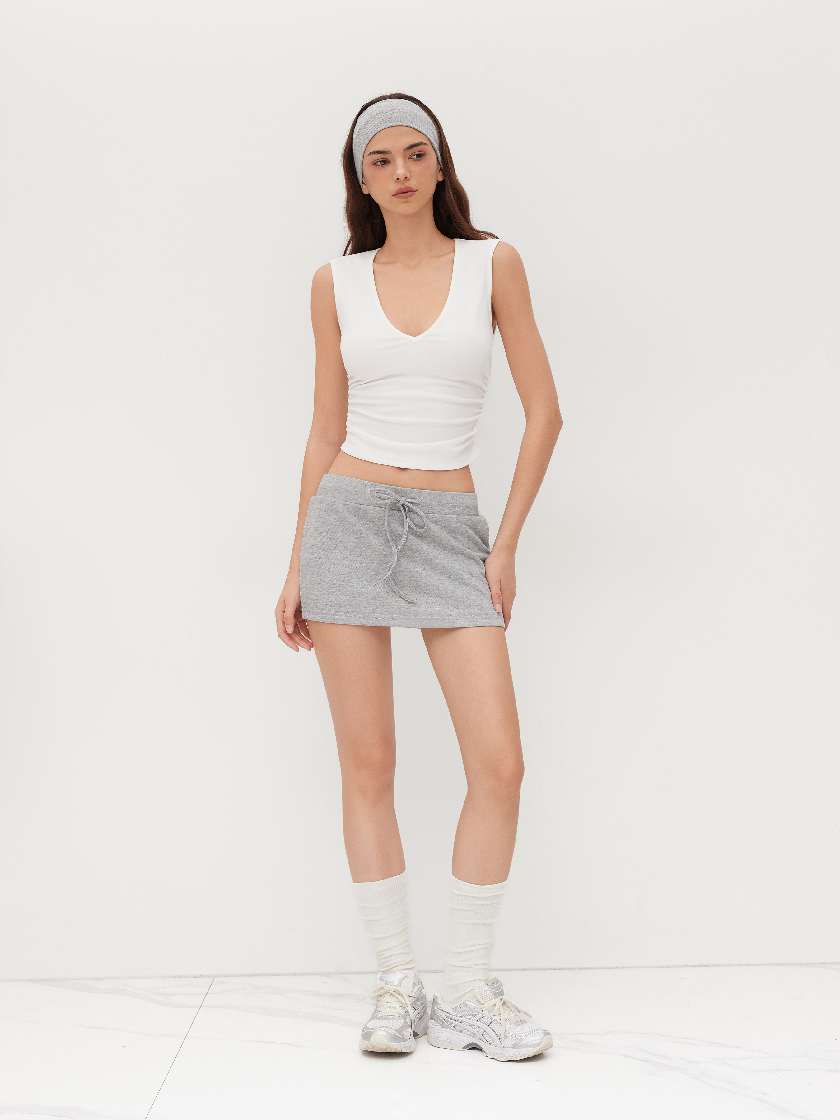 Cotton-blend V-neck Ruched Tank Top
