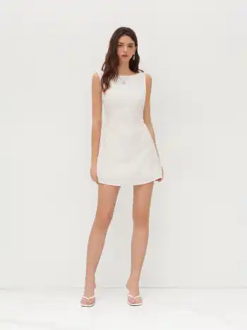 Linen-blend Boat Neck Solid Knotted Backless Mini Dress