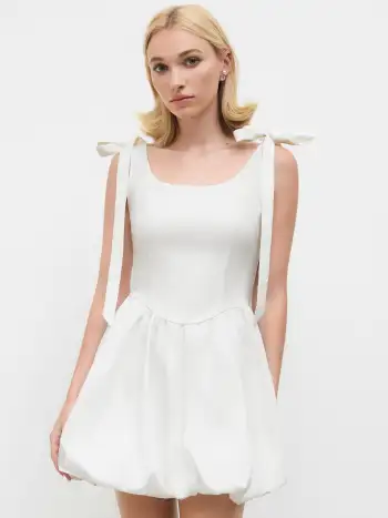Boat Neck Bowknot Bubble Hem Mini Dress