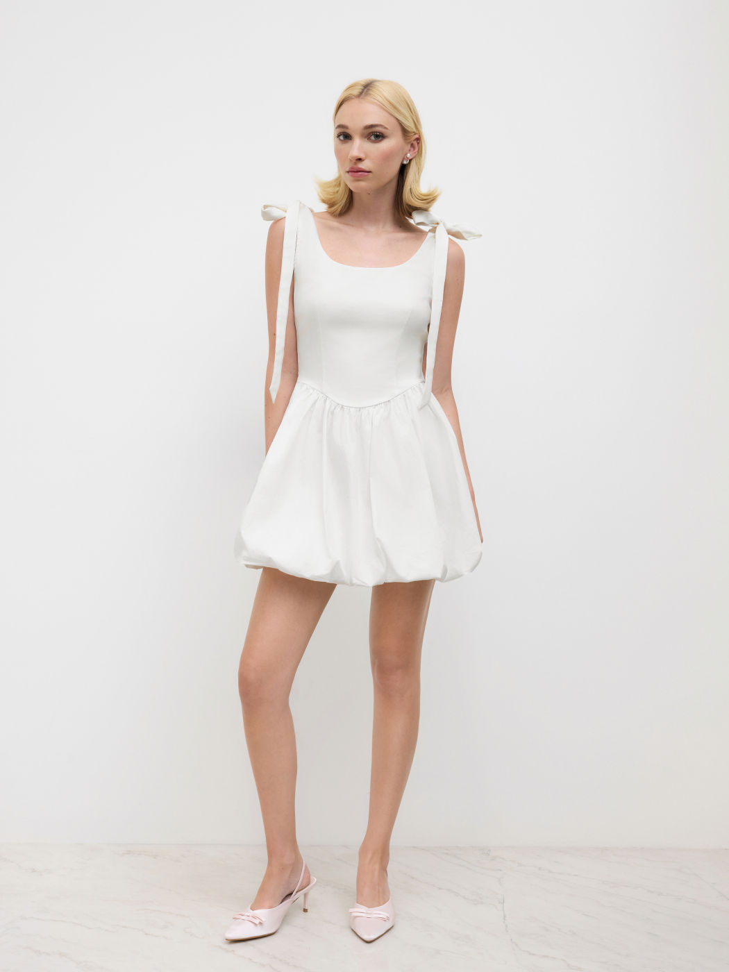 U-neckline Bubble Hem Bowknot Mini Dress