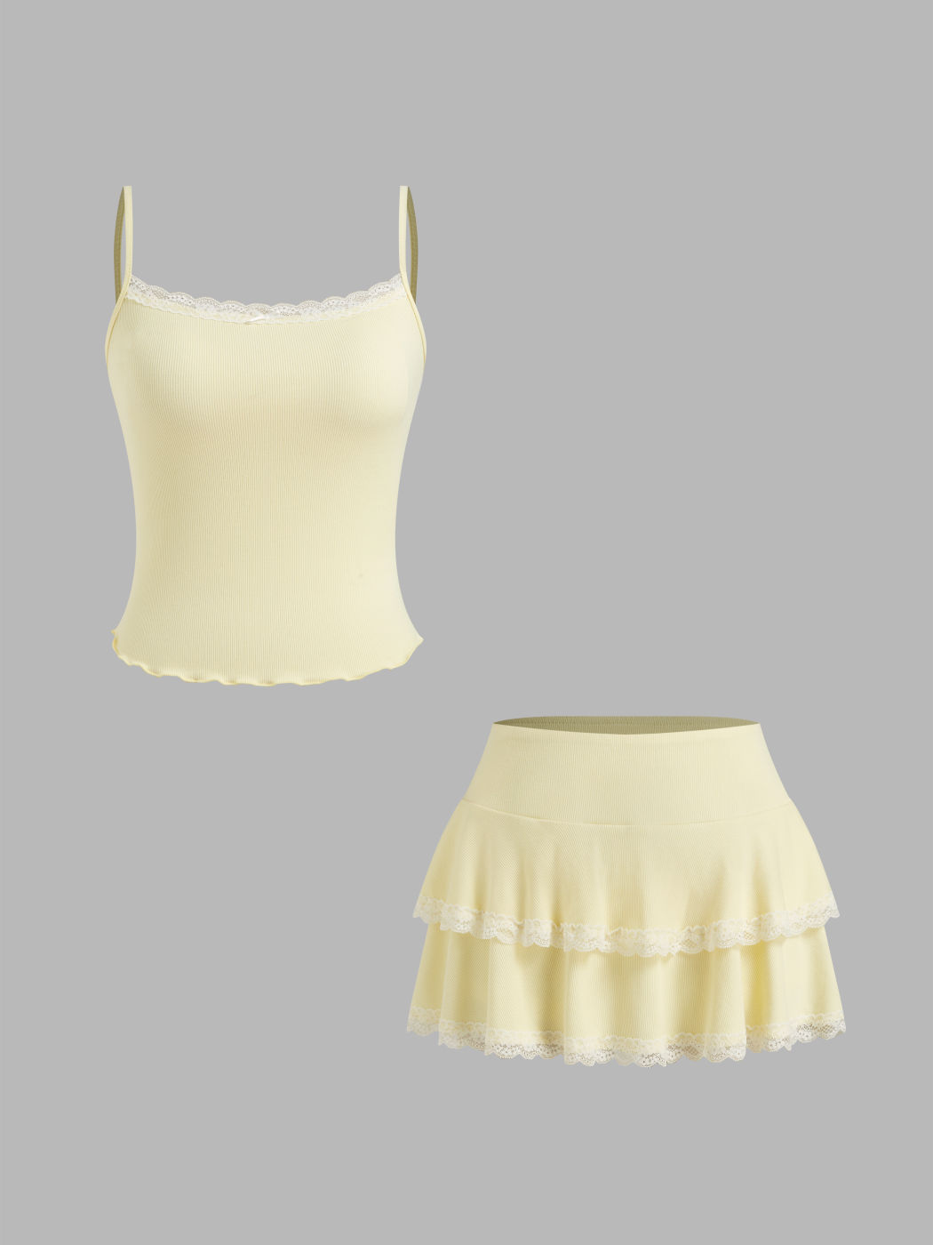 Lettuce Trim Bowknot Cami Top & Low Rise Lace Trim Layered Mini Skirt Set