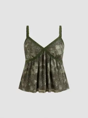 Mesh V-neck  Aztec Lace Cami Top Curve & Plus