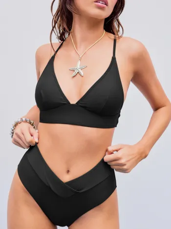 Formgebendes V-Ausschnitt Bikini aus einfarbigem Jersey