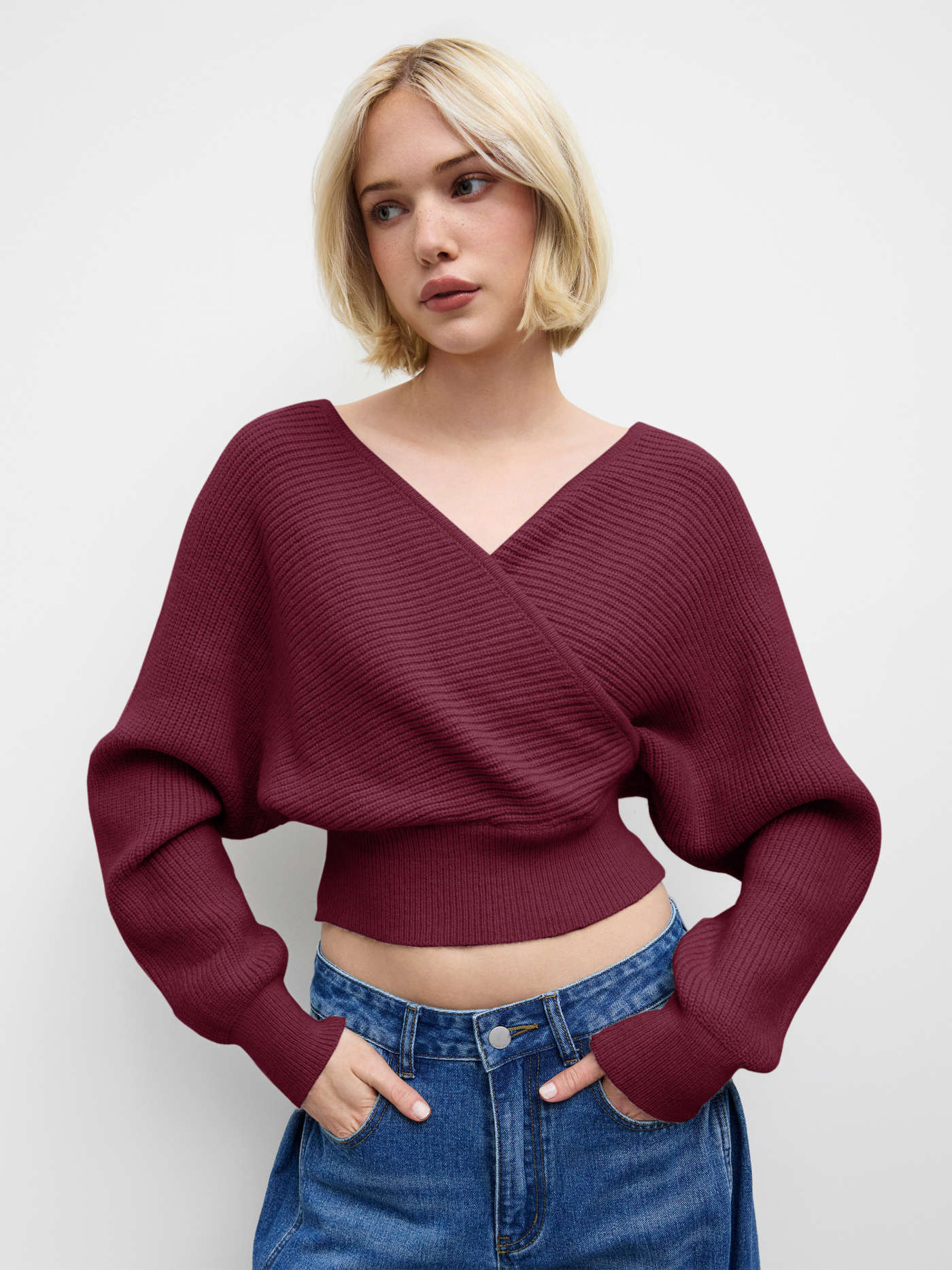 Knit V-neck Solid Wrap Crop Long Sleeve Top