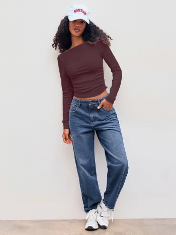 Cotton-blend Boat Neck Solid Ruched Long Sleeve Tee