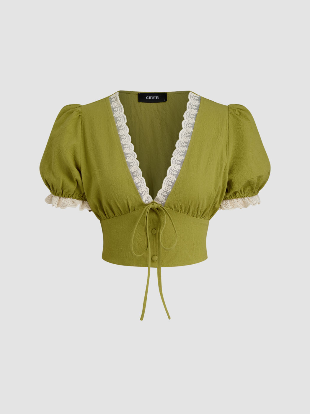 100% Baumwolle V-Ausschnitt Bluse mit Spitzenrand und Ballonsleeves Crop