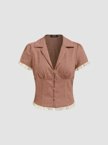 Baumwollmischung V-Ausschnitt Gingham Bluse mit Salatrand und Broderie Anglaise