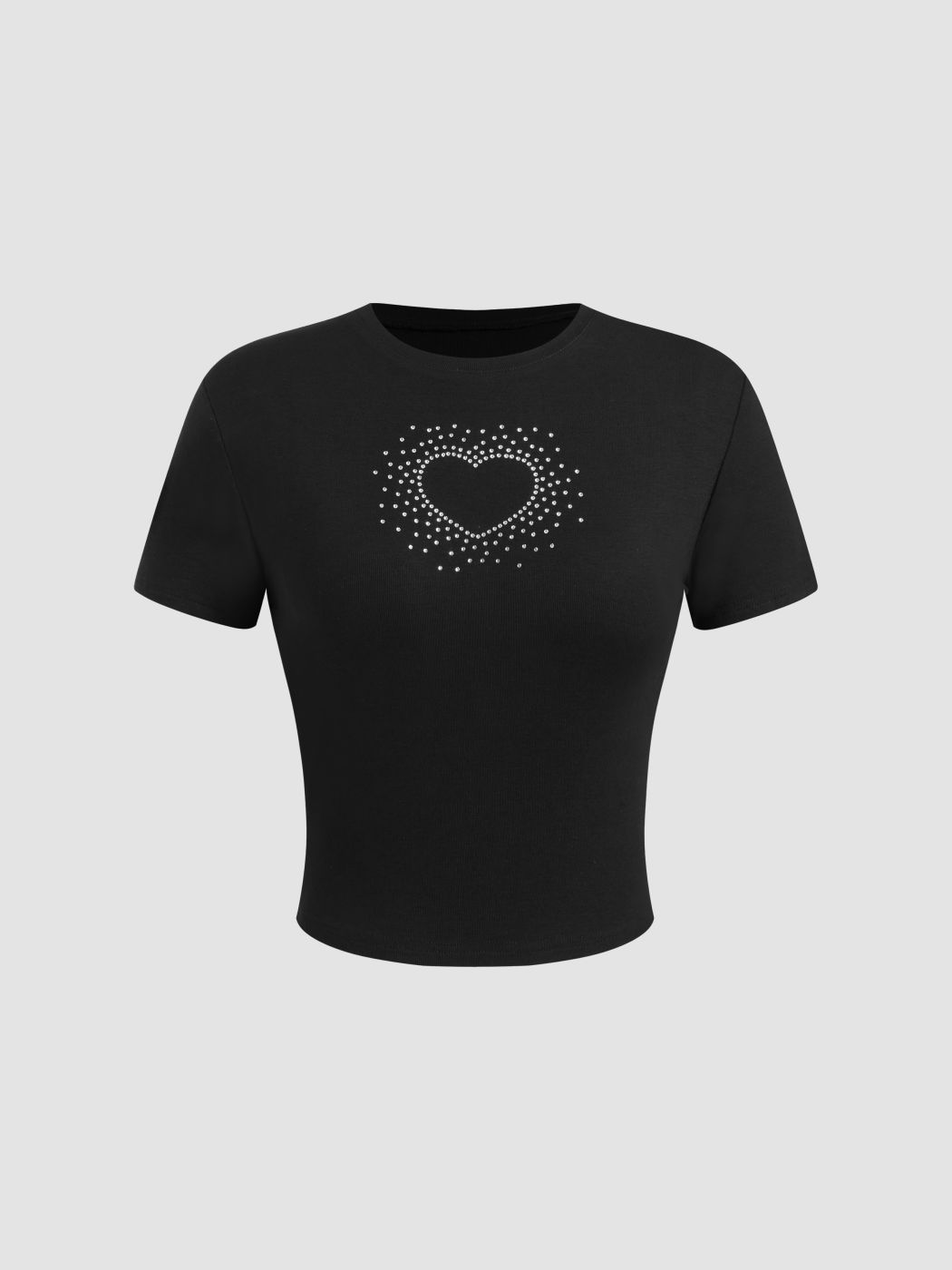 Round Neckline Rhinestone Heart Crop Tee