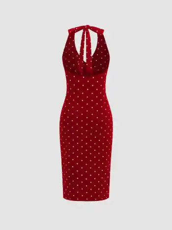 Cotton-blend Halter Neckline Polka Dot Ruched Midi Dress