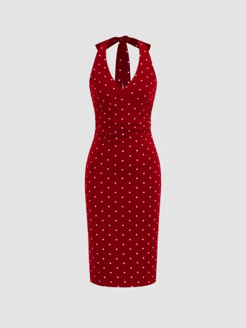 Cotton-blend Halter Neckline Polka Dot Ruched Midi Dress
