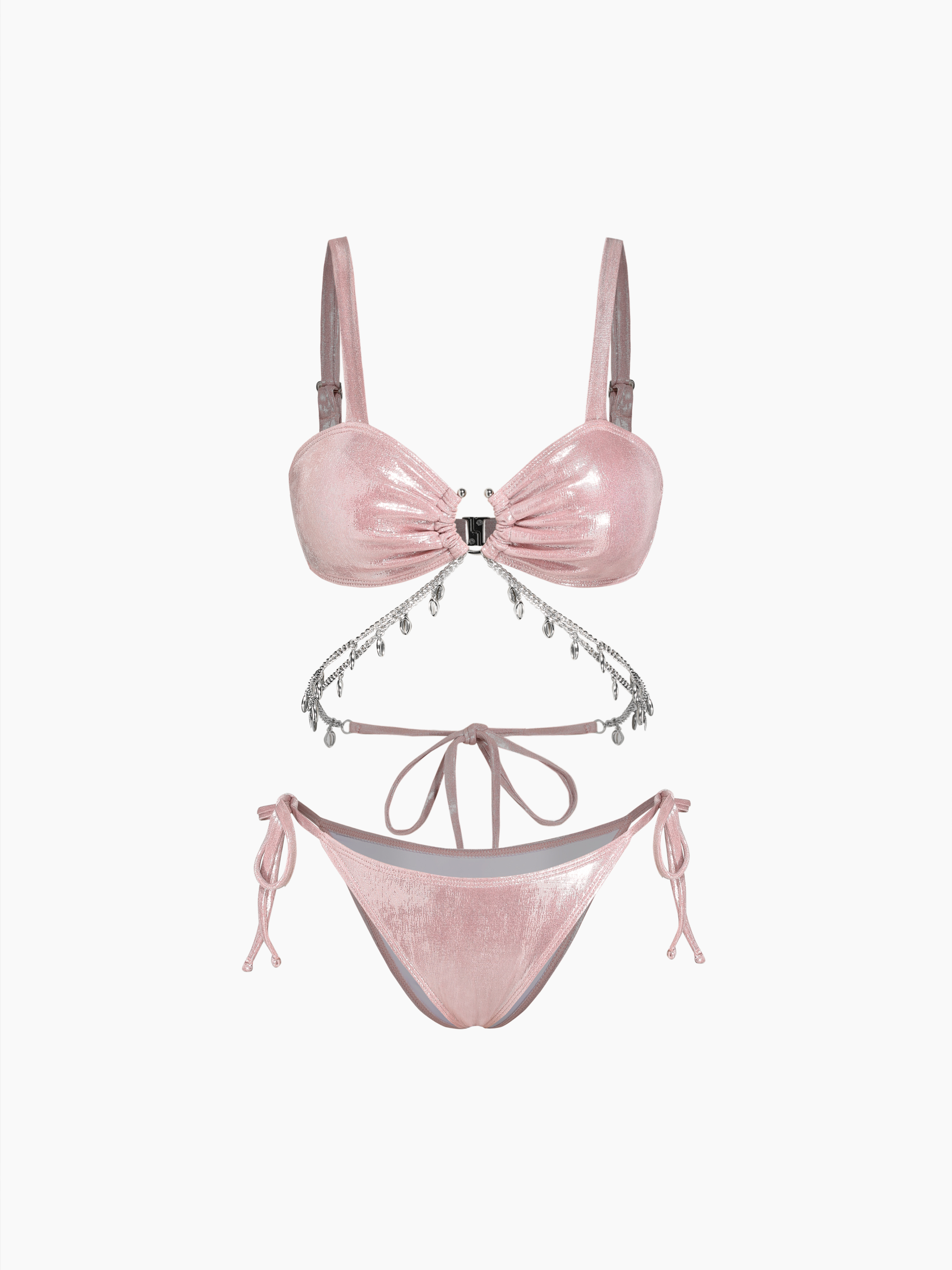 V-neck Metallic Chain Bowknot Bracelet Tie Side Bikini Set
