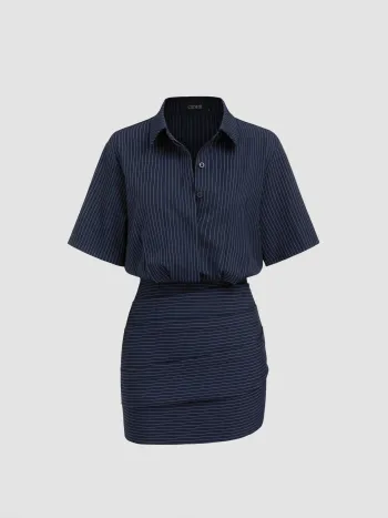 Collar Stripe Button Ruched Mini Shirt Dress