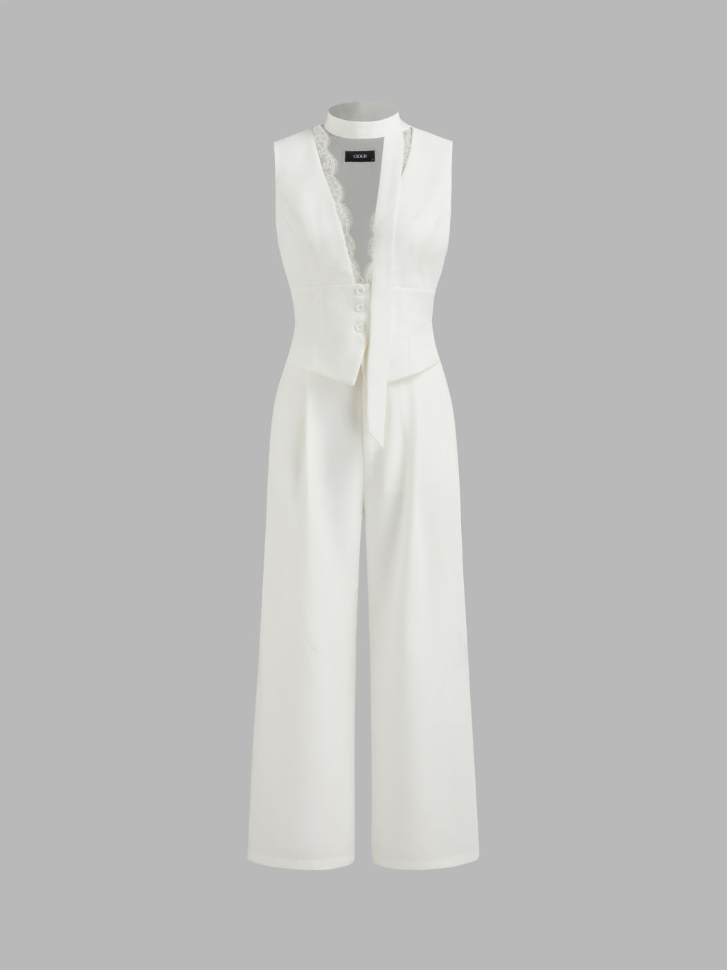 V-neck Lace Trim Wide Leg Jumpsuit With Scarf