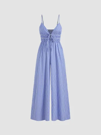 V-Ausschnitt Streifen Knoten Shirring Weite Beine Overalls