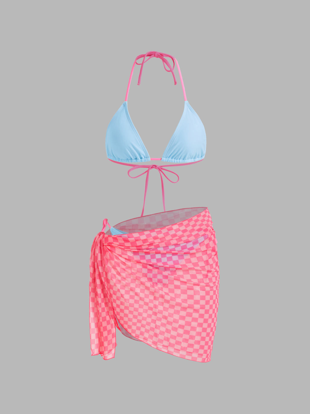 Halter Neckline Triangle Tie Side Bikini Set With Gingham Sarong