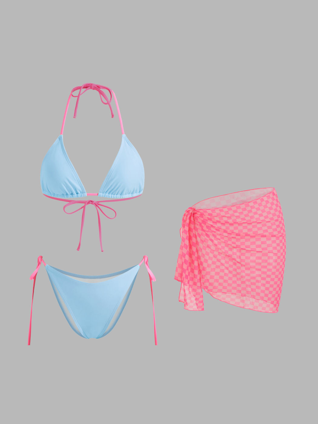 Halter Neckline Triangle Tie Side Bikini Set With Gingham Sarong