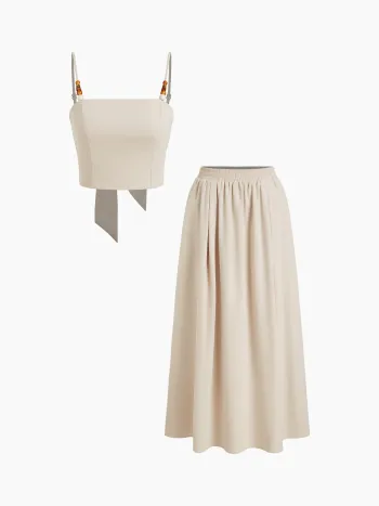 Woven Woven Boat Neck Solid Tank Top & Mid Rise Midi Skirt For Work