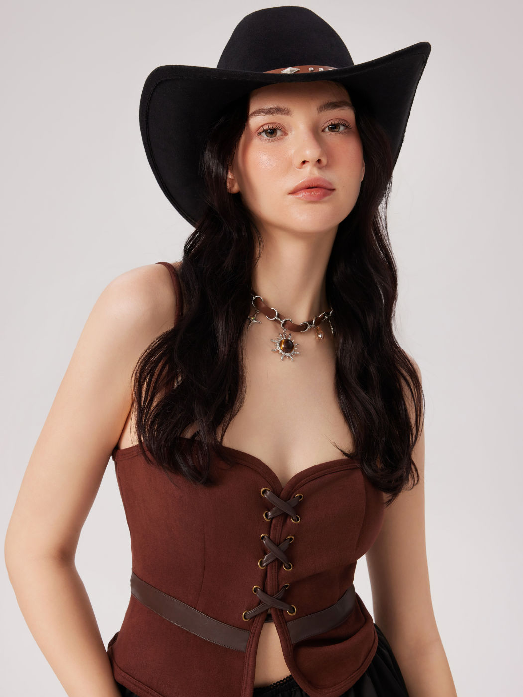 STUDDED & BUCKLE & FAUX LEATHER STRAP DECOR COWBOY HAT
