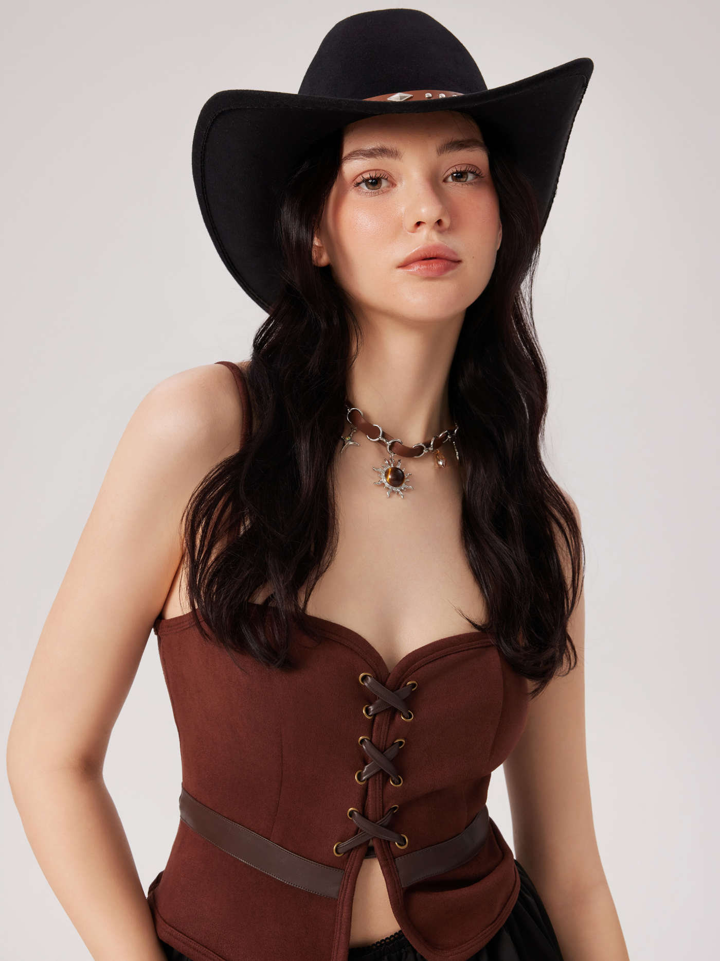 STUDDED & BUCKLE & FAUX LEATHER STRAP DECOR COWBOY HAT