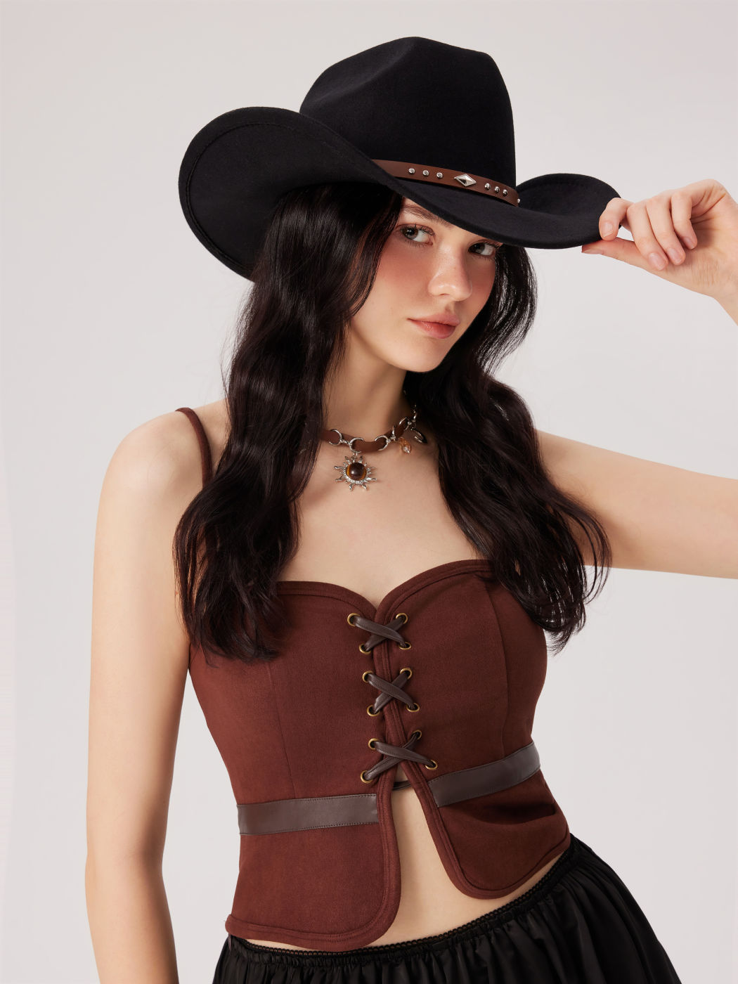 STUDDED & BUCKLE & FAUX LEATHER STRAP DECOR COWBOY HAT