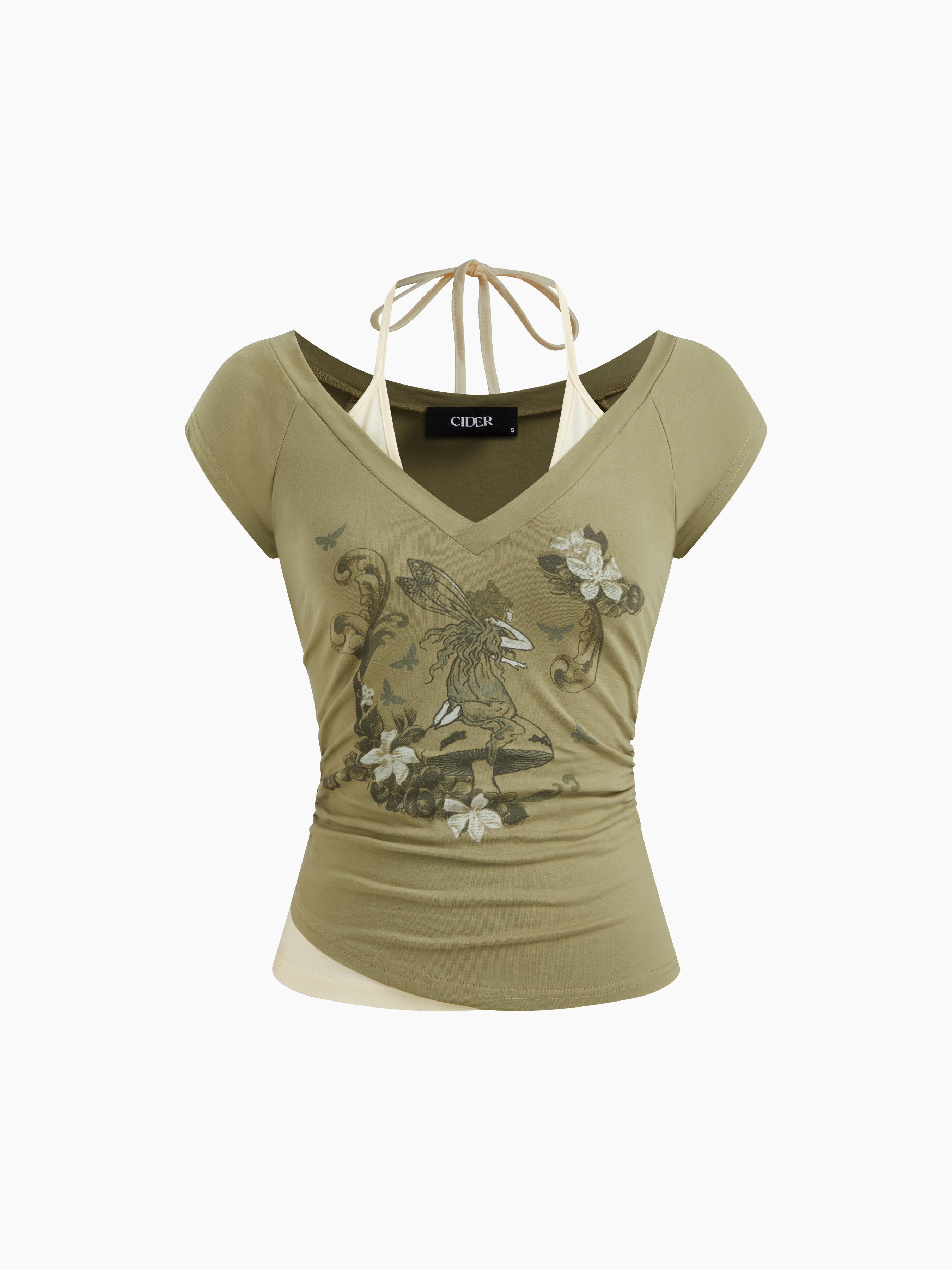 Cotton-blend Halter Neckline Graphic Two Tone Ruched Top 
