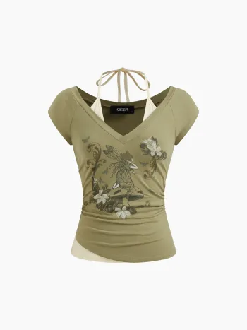 Cotton-blend Halter Neckline Graphic Two Tone Ruched Top 