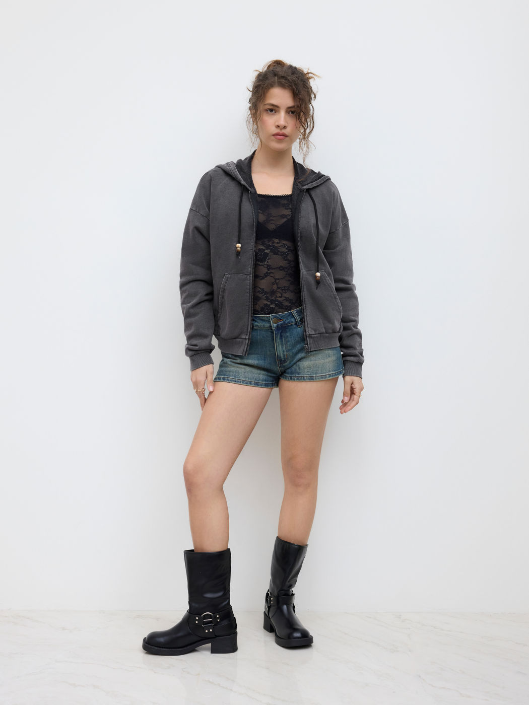 Terry Solid Washed Beaded Drawstring Pocket Zipper Hoodie