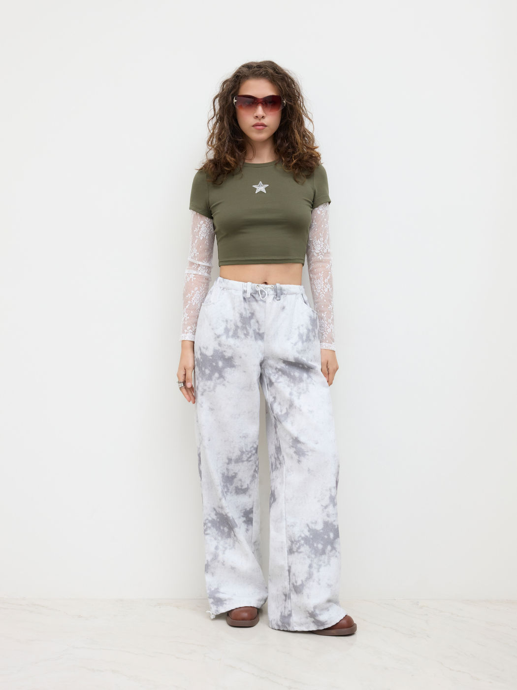 Cotton-blend Star Lace Patched Crop Tee