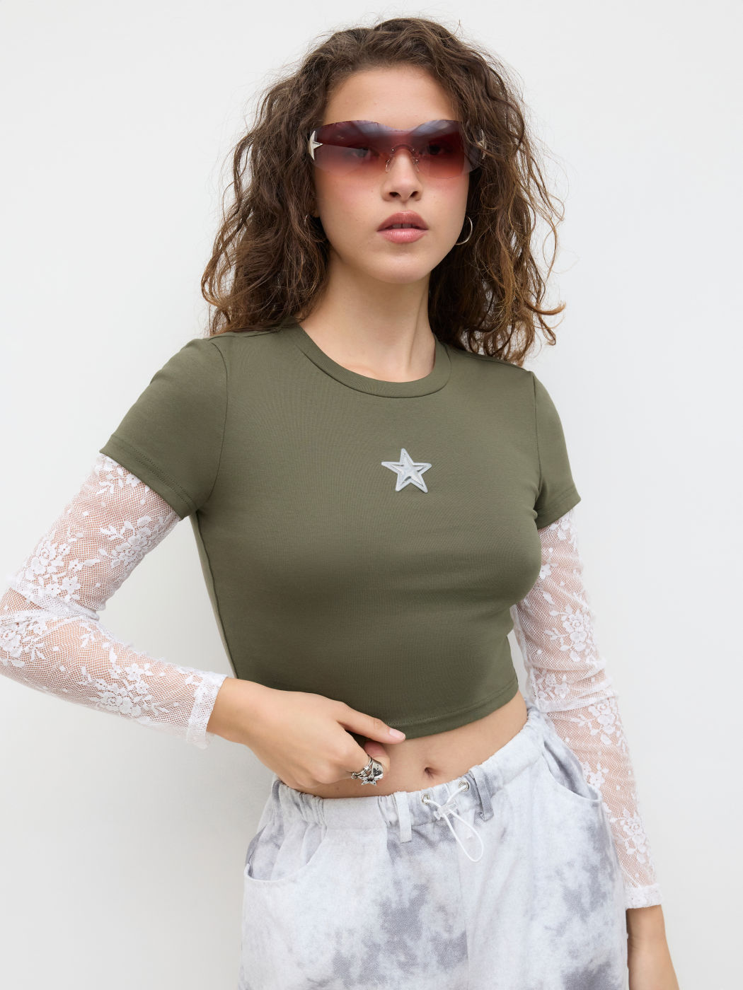 Cotton-blend Star Lace Patched Crop Tee