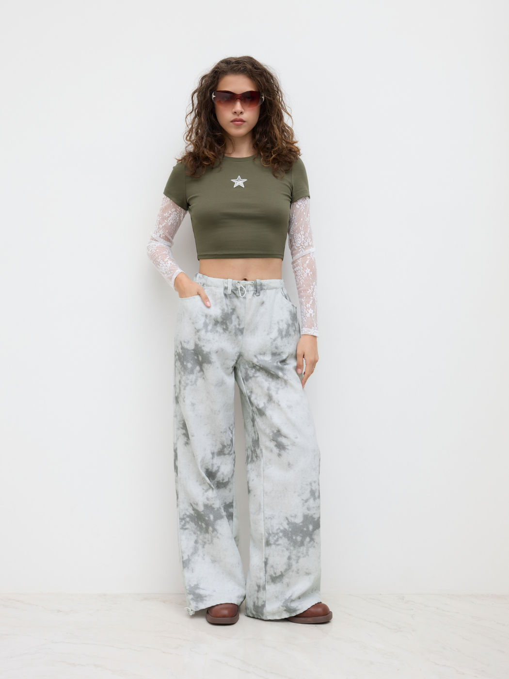 Mid Rise Tie Dye Drawstring Cargo Trousers