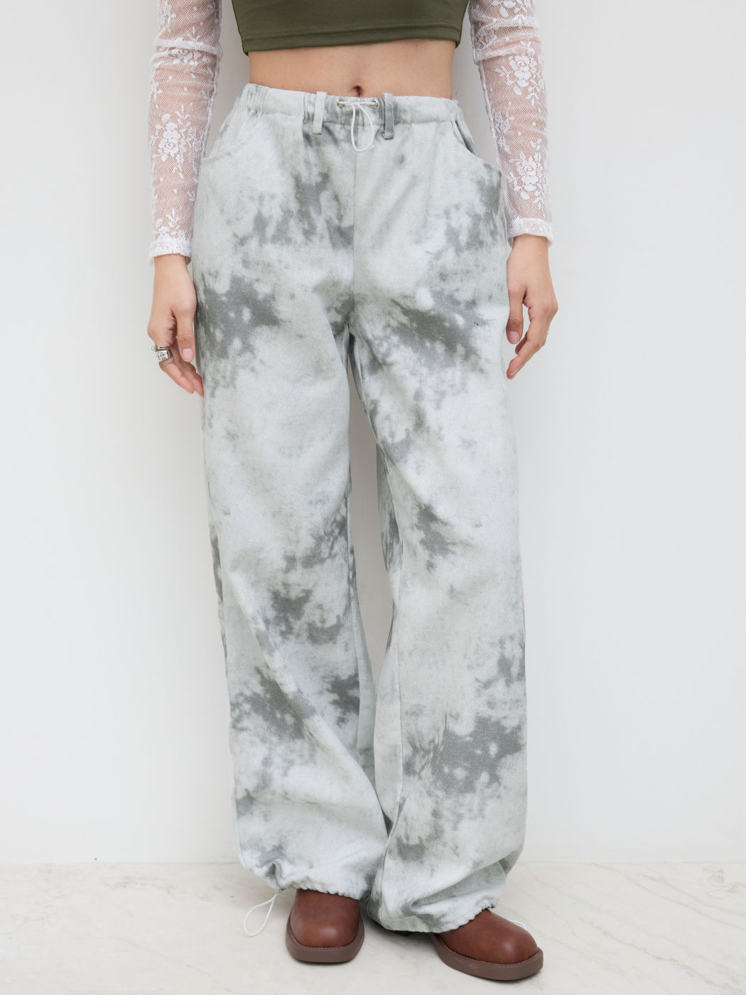 Mid Rise Tie Dye Drawstring Cargo Trousers