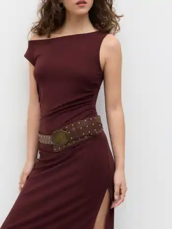 Asymmetrisch Hals, gerauhtes, geteiltes Midikleid mit Gürtel