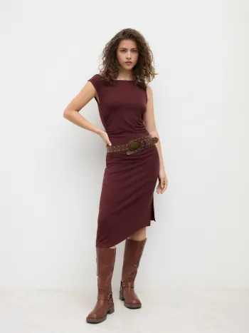 Asymmetrisch Hals, gerauhtes, geteiltes Midikleid mit Gürtel