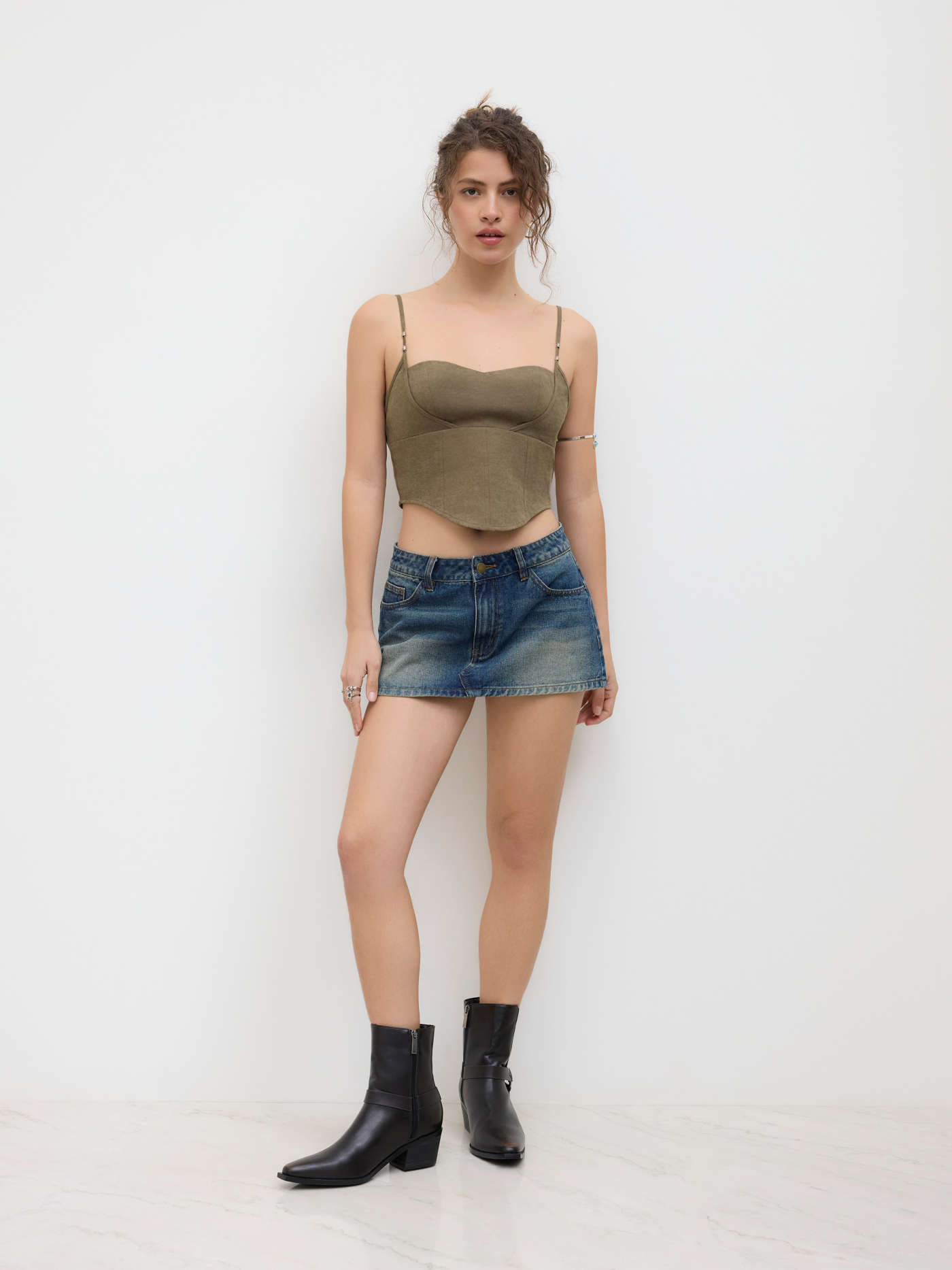 Cotton-blend Sweetheart Neckline Crop Top