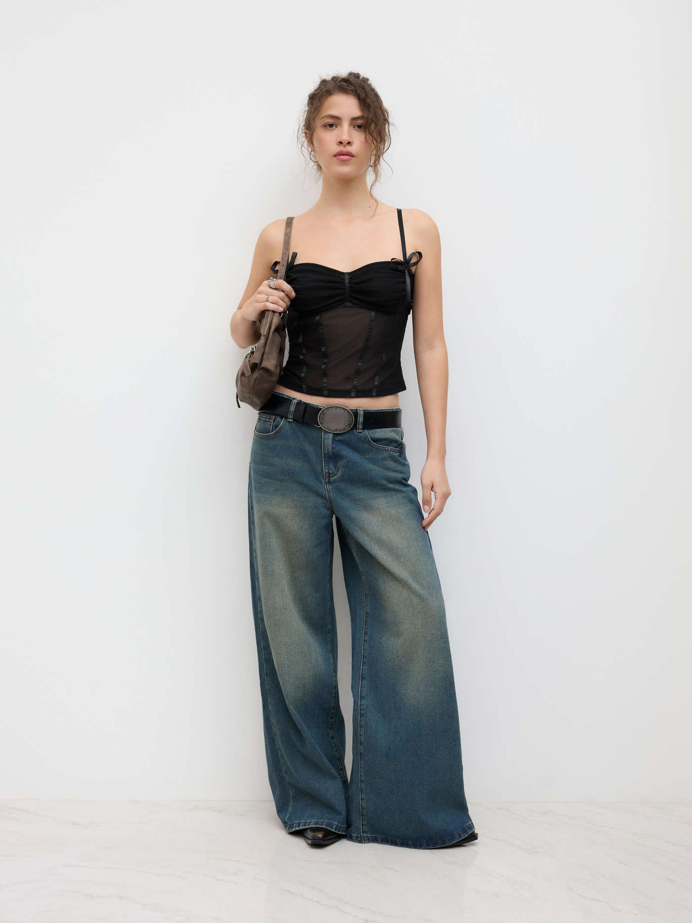 Mesh Bowknot Corset Crop Cami Top