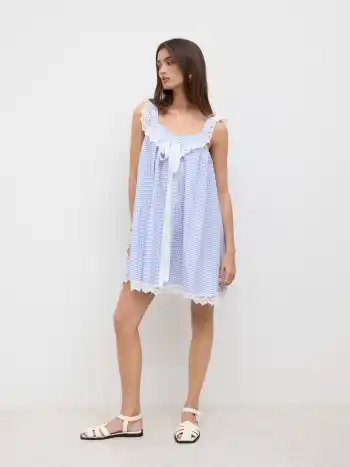Süßer Gingham-Babydoll-Mini-Kleid mit Spitzenrand und Knoten