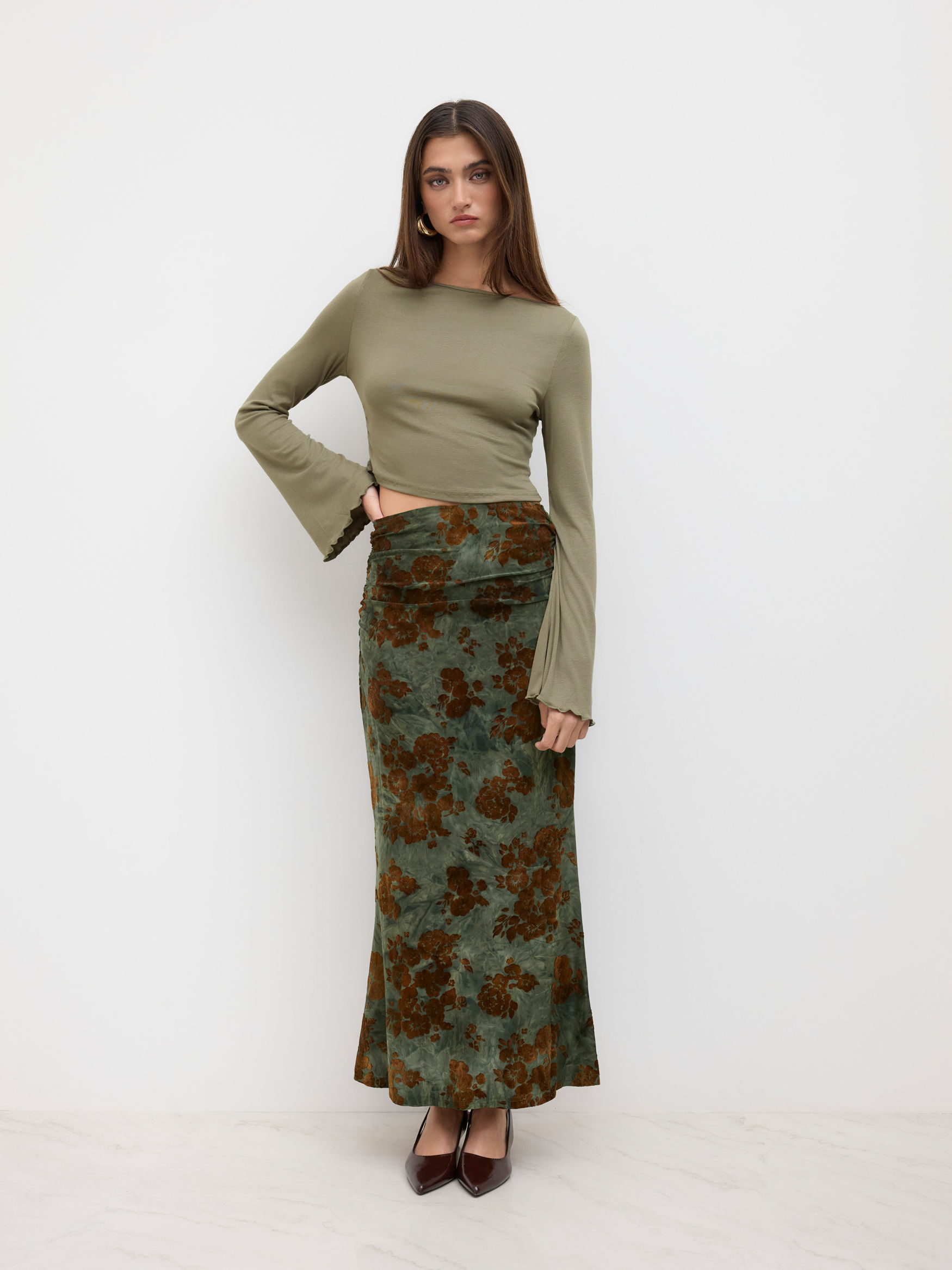 Boat Neck Long Sleeve Top & Mid Rise Floral Ruched Maxi Skirt Set