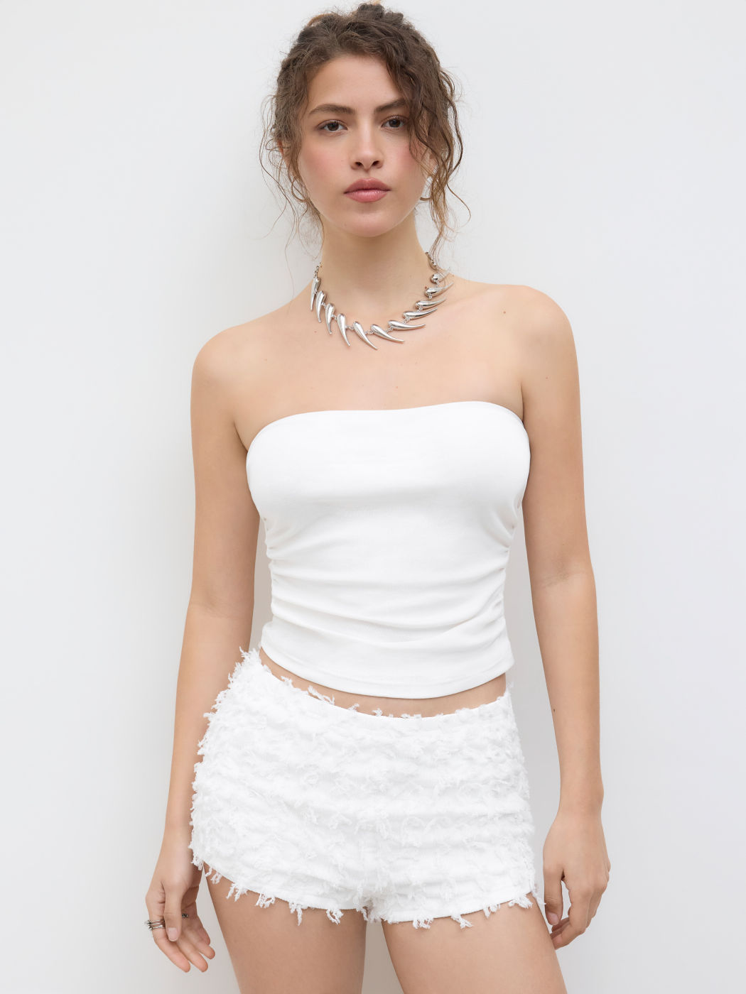 Bandeau Ruched Crop Top & Low Rise Fringe Micro Shorts Set