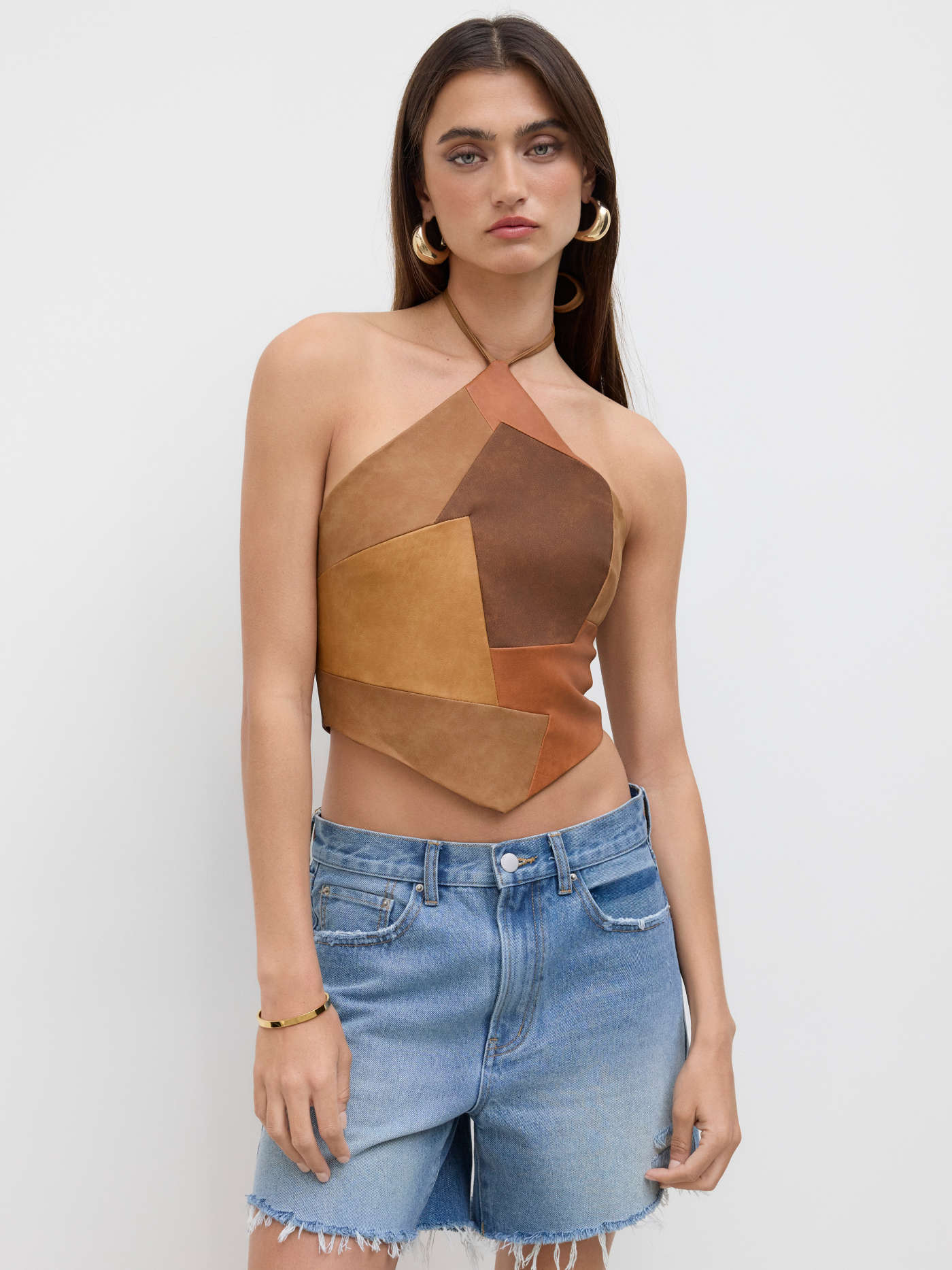 Faux Leather Halter Neckline Patched Zipper Top