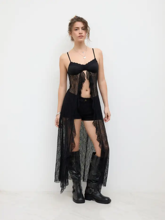 Lace Lace Sweetheart See-through Split Ruffle Hem Maxi Dress For