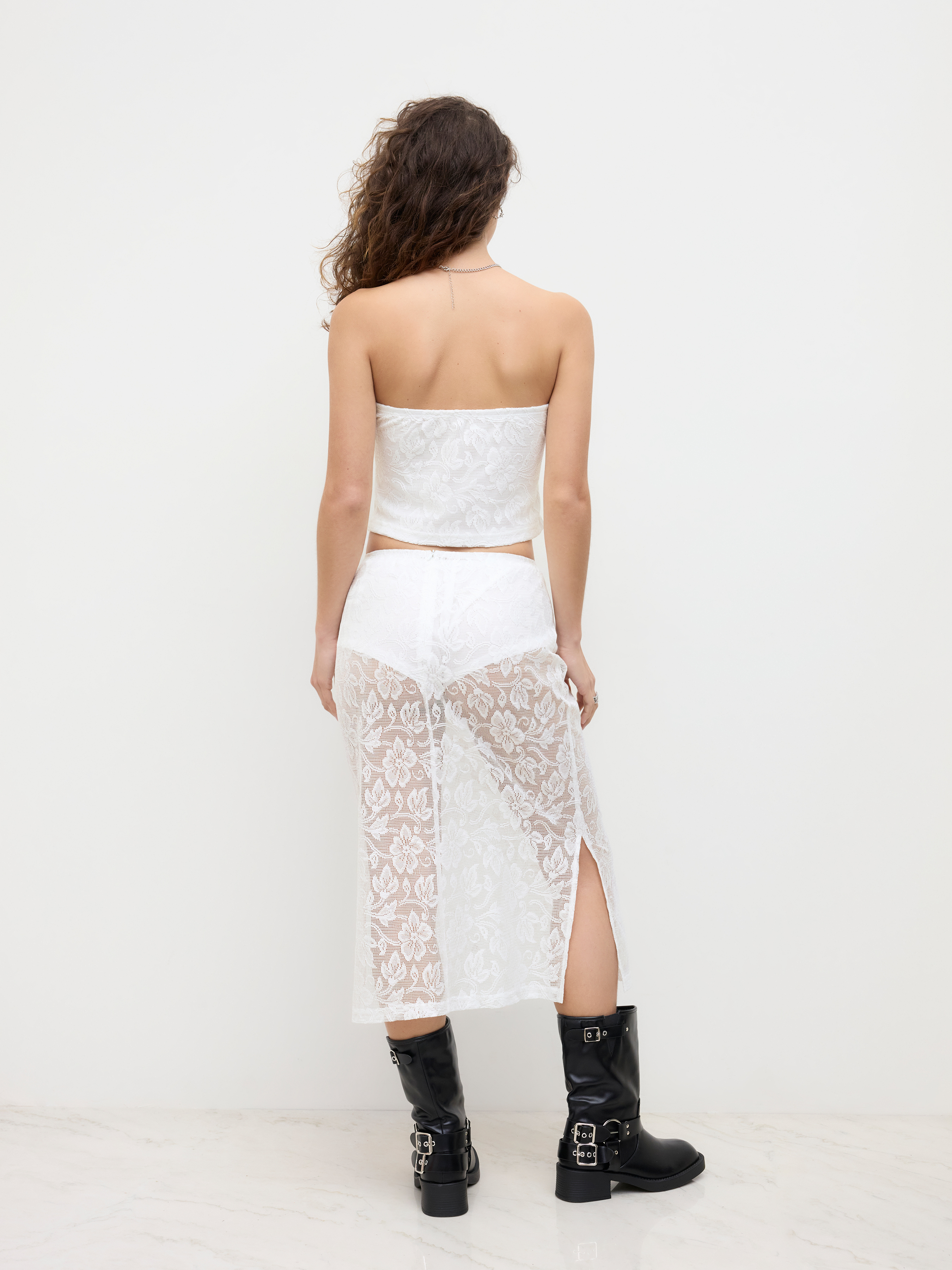 Lace Floral Bandeau Top & Lace Low Rise Split Skirt Set