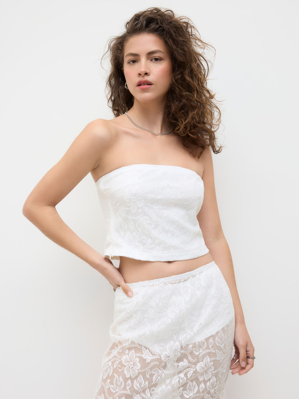 Lace Floral Bandeau Top & Lace Low Rise Split Skirt Set