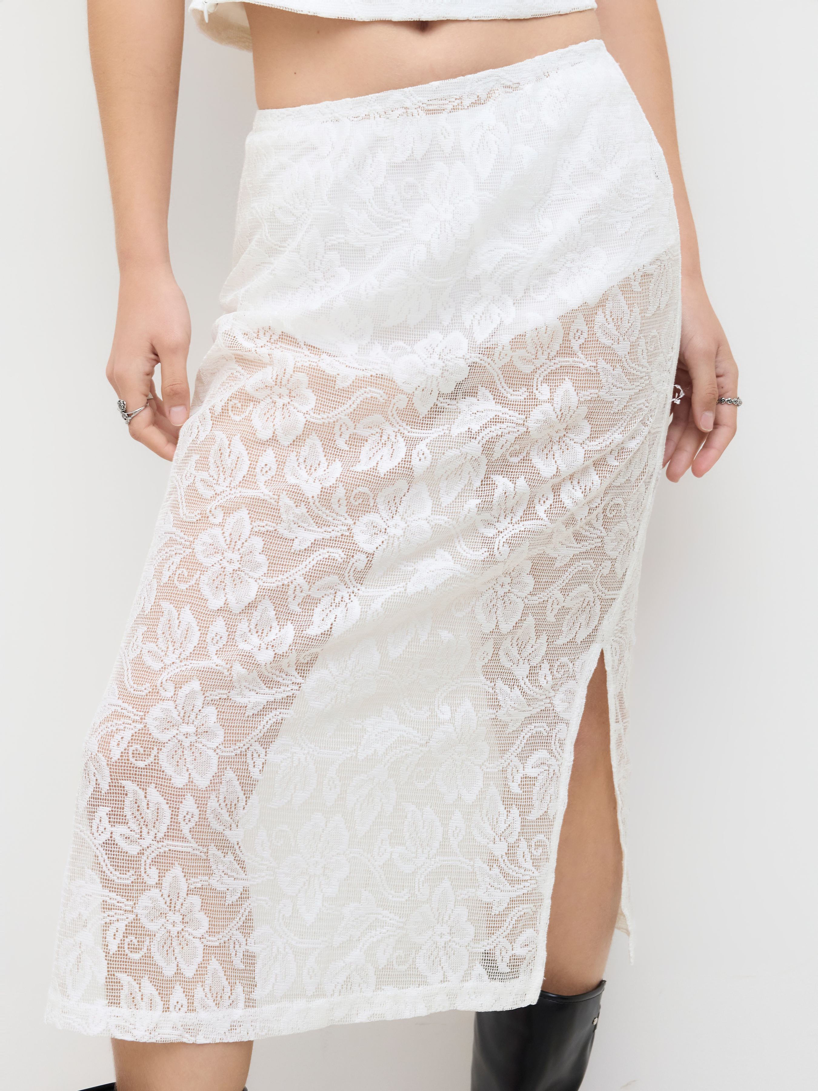 Lace Floral Bandeau Top & Lace Low Rise Split Skirt Set
